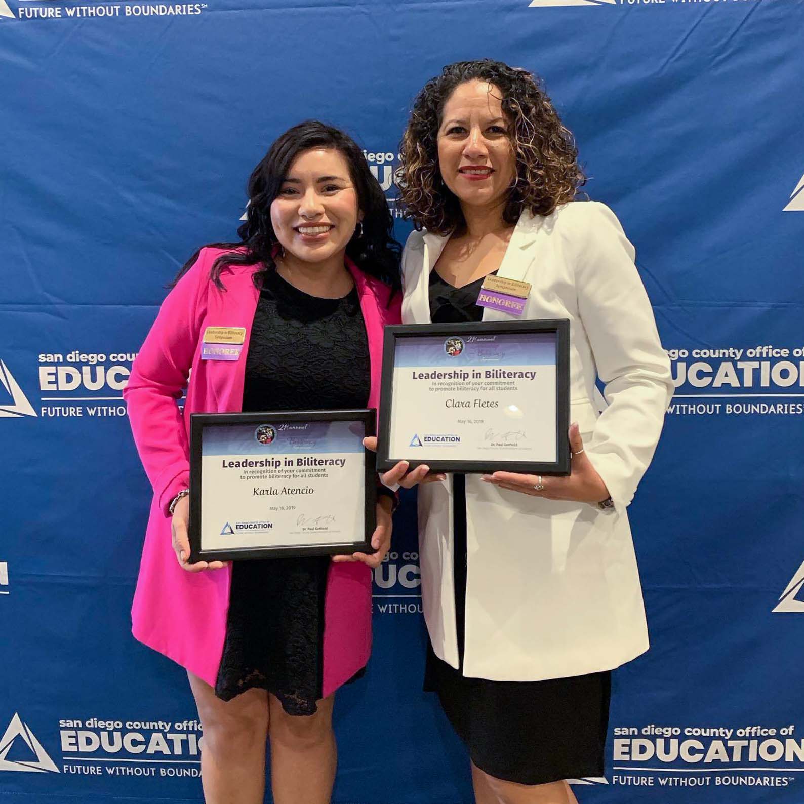Founding Teachers Ms Atencio & Ms Fletes receiving the Leadership in Biliteracy Award from the San Diego County Office of Education.